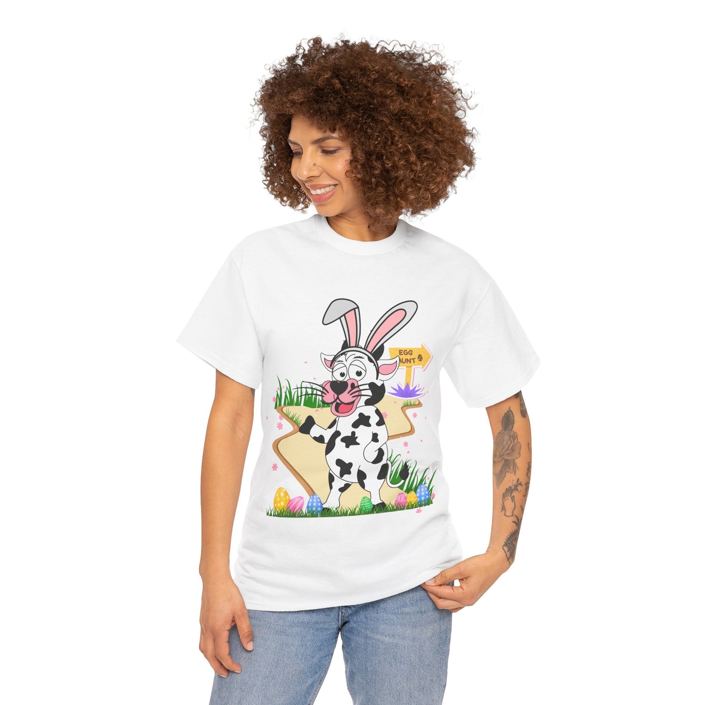 Adorable Easter Cow T-Shirt with Bunny Ears & Egg Hunt Design – Fun and Festive