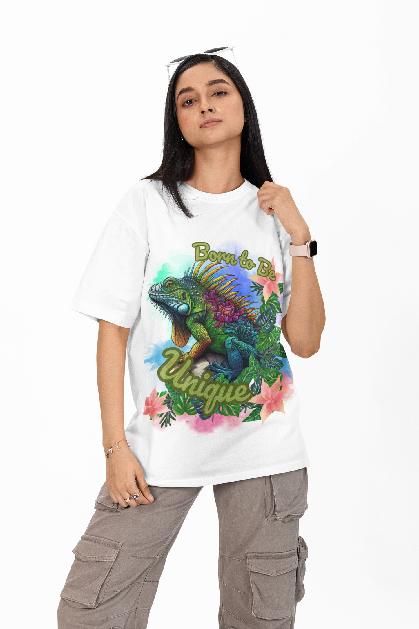 Born to Be Unique Iguana Oversized Tee | Bold Graphic Shirt | Nature-Inspired Streetwear