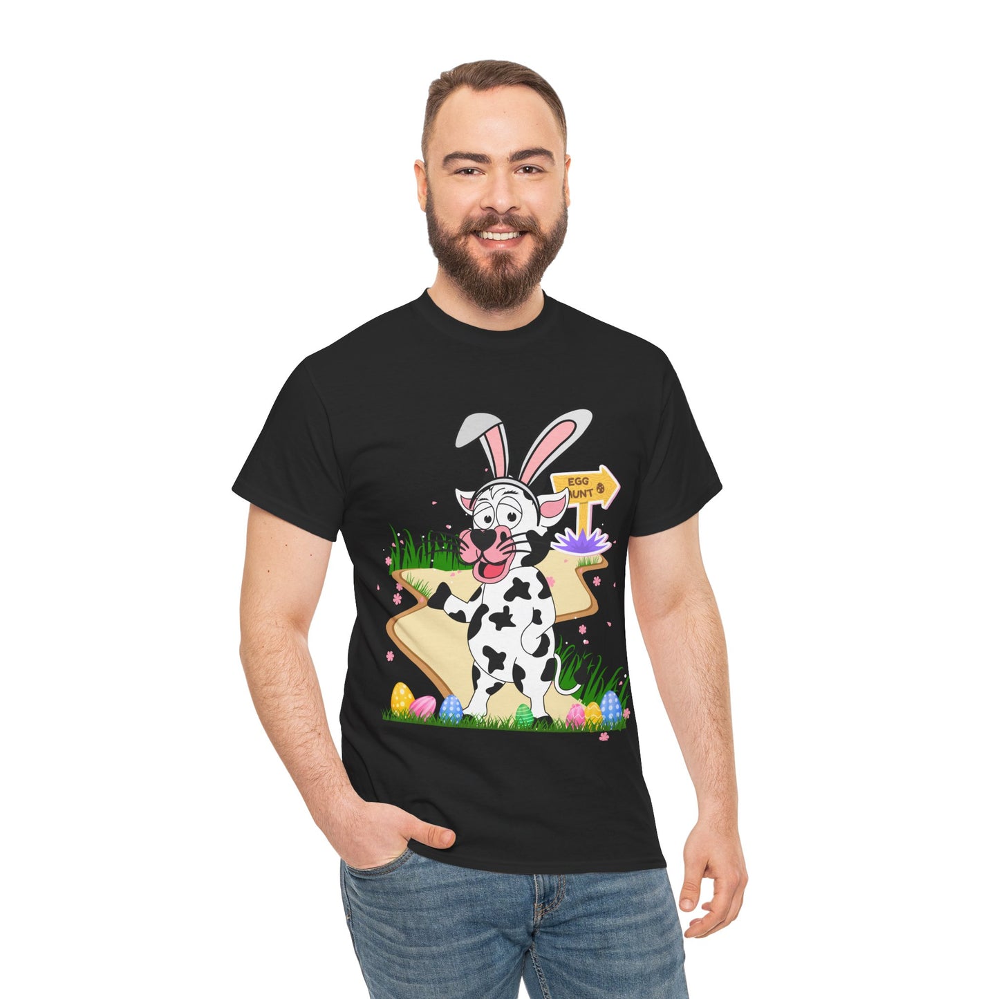Adorable Easter Cow T-Shirt with Bunny Ears & Egg Hunt Design – Fun and Festive