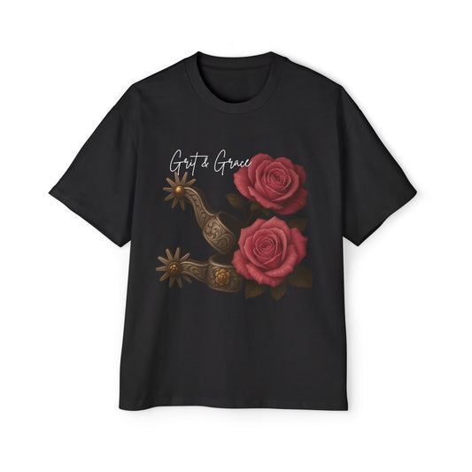 Heavy Oversized Silver Spurs & Scarlet Petals T-Shirt – Western Elegance Meets Noir Rose Style