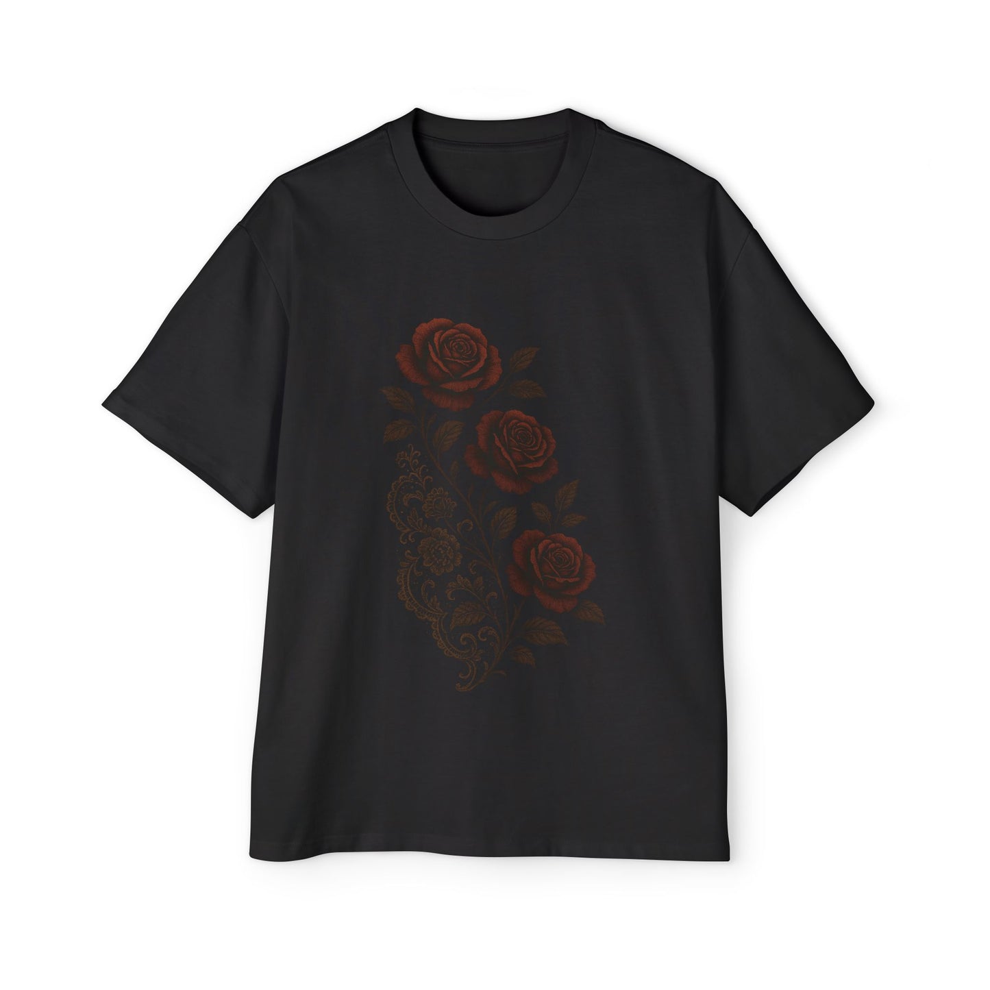 Oversized Whispered Petals T-Shirt – Lace & Noir Roses in Quiet Bloom