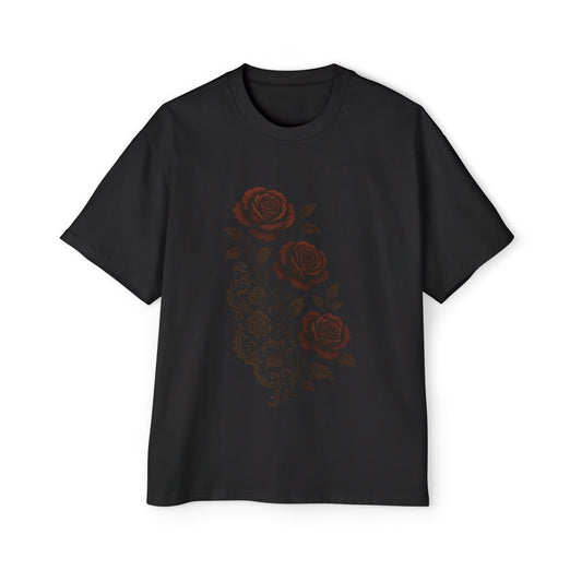 Oversized Whispered Petals T-Shirt – Lace & Noir Roses in Quiet Bloom