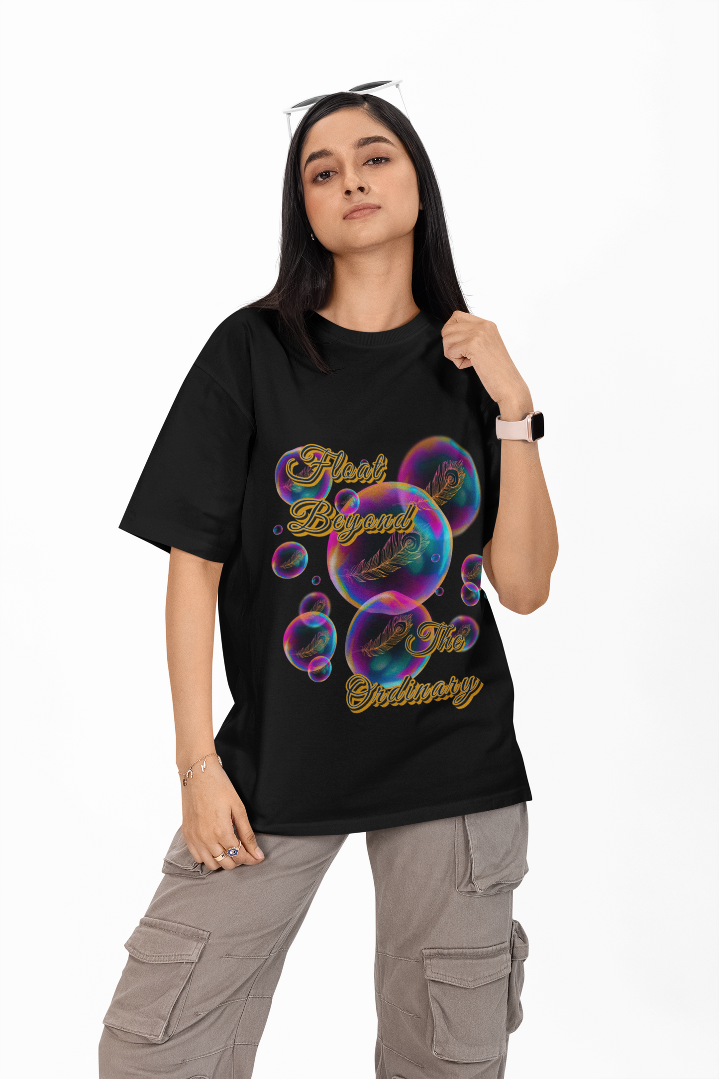 Float Beyond the Ordinary – Women’s Oversized Tee | Vibrant Bubbles Design