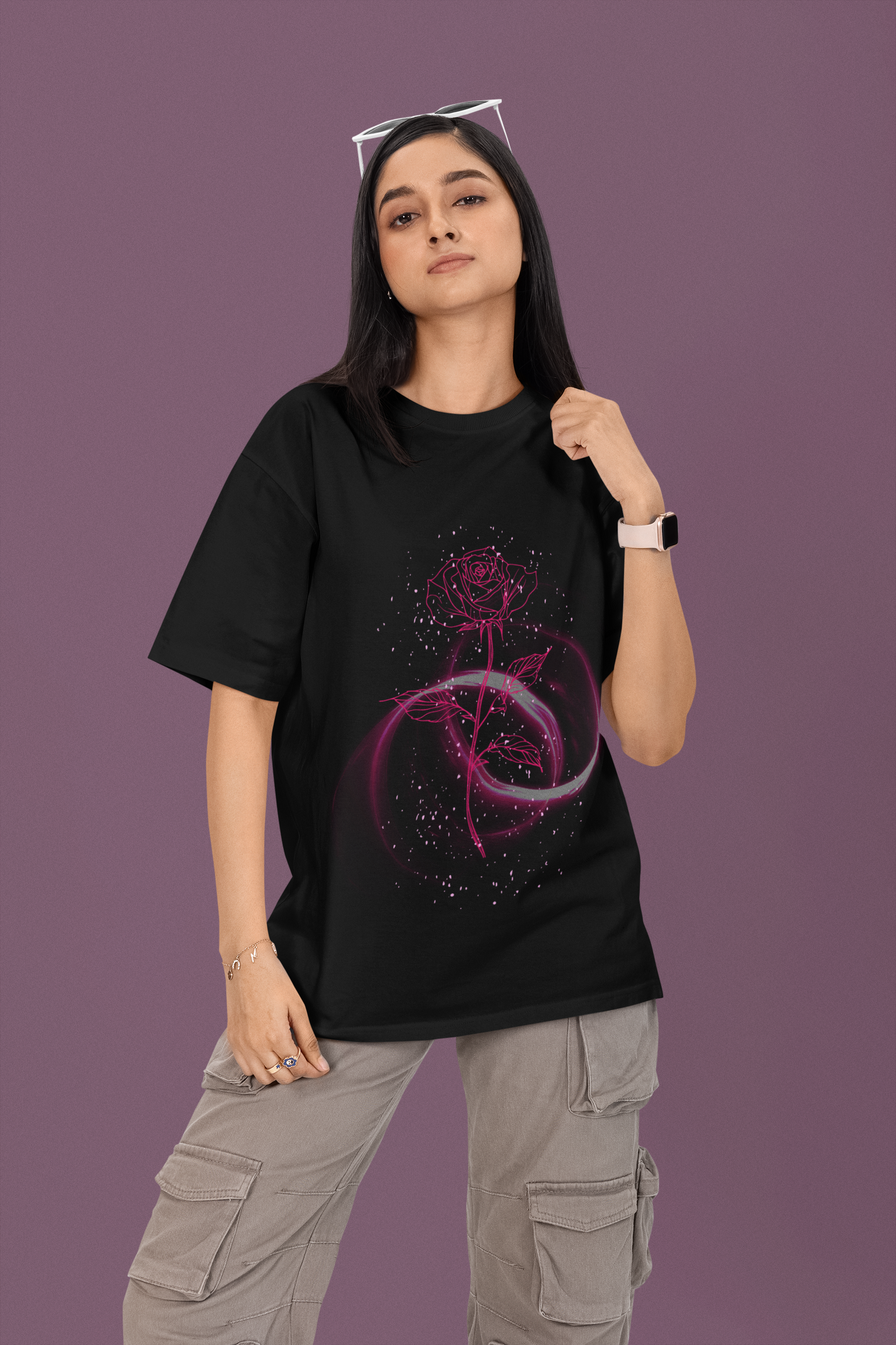 ✨ Mystic Rose Glow – Minimalist Floral Oversized Tee for Women