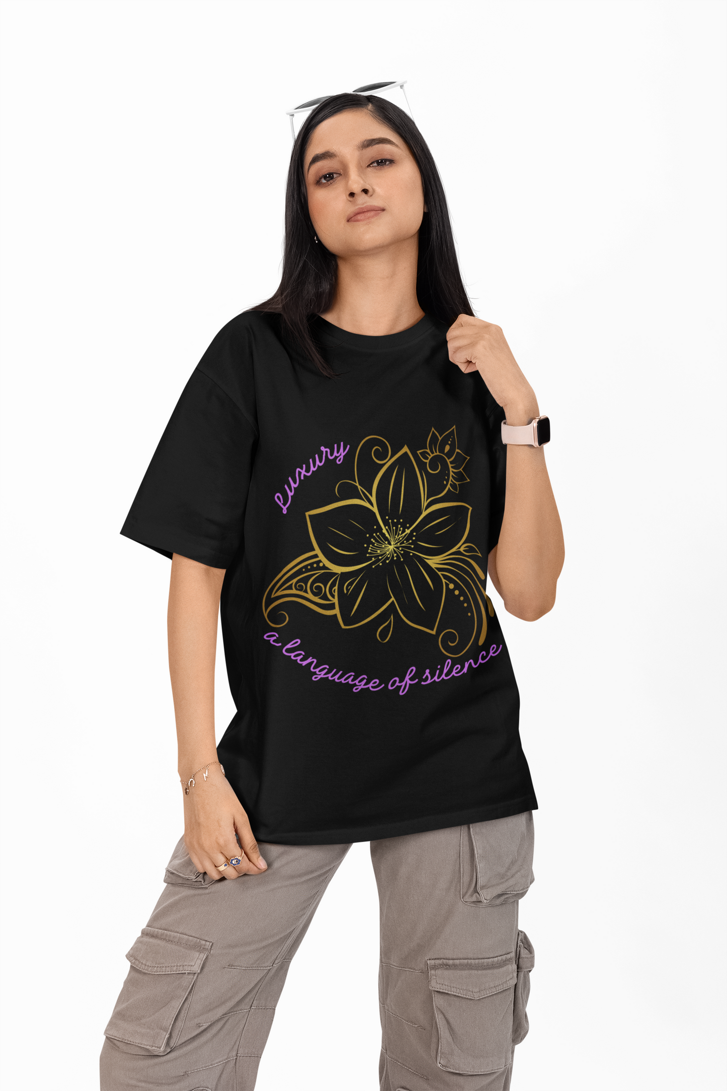 Luxury – A Language of Silence Golden Floral Oversized Tee