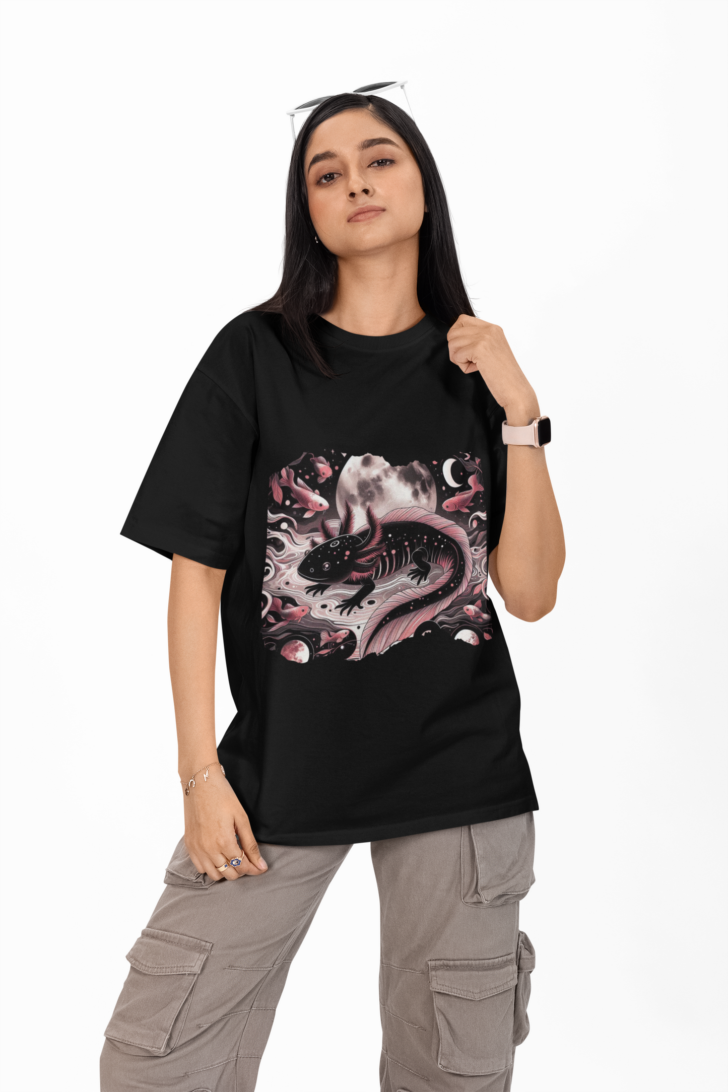 Woman's Heavy Oversized Tee with Mystic Axolotl – Noir Rose Edition