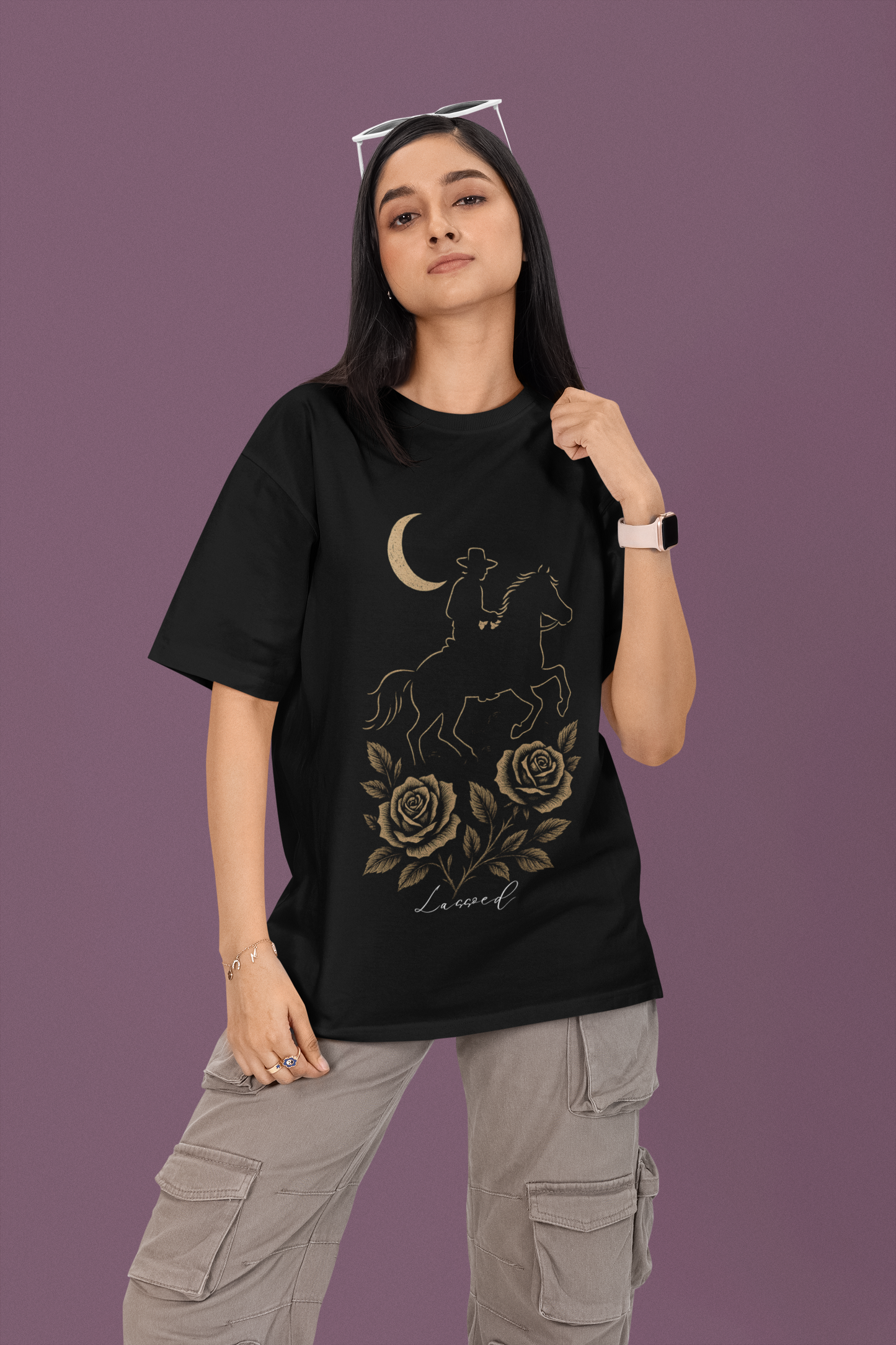 Lassoed Under Moonlight – Noir Rose Western Oversized Tee