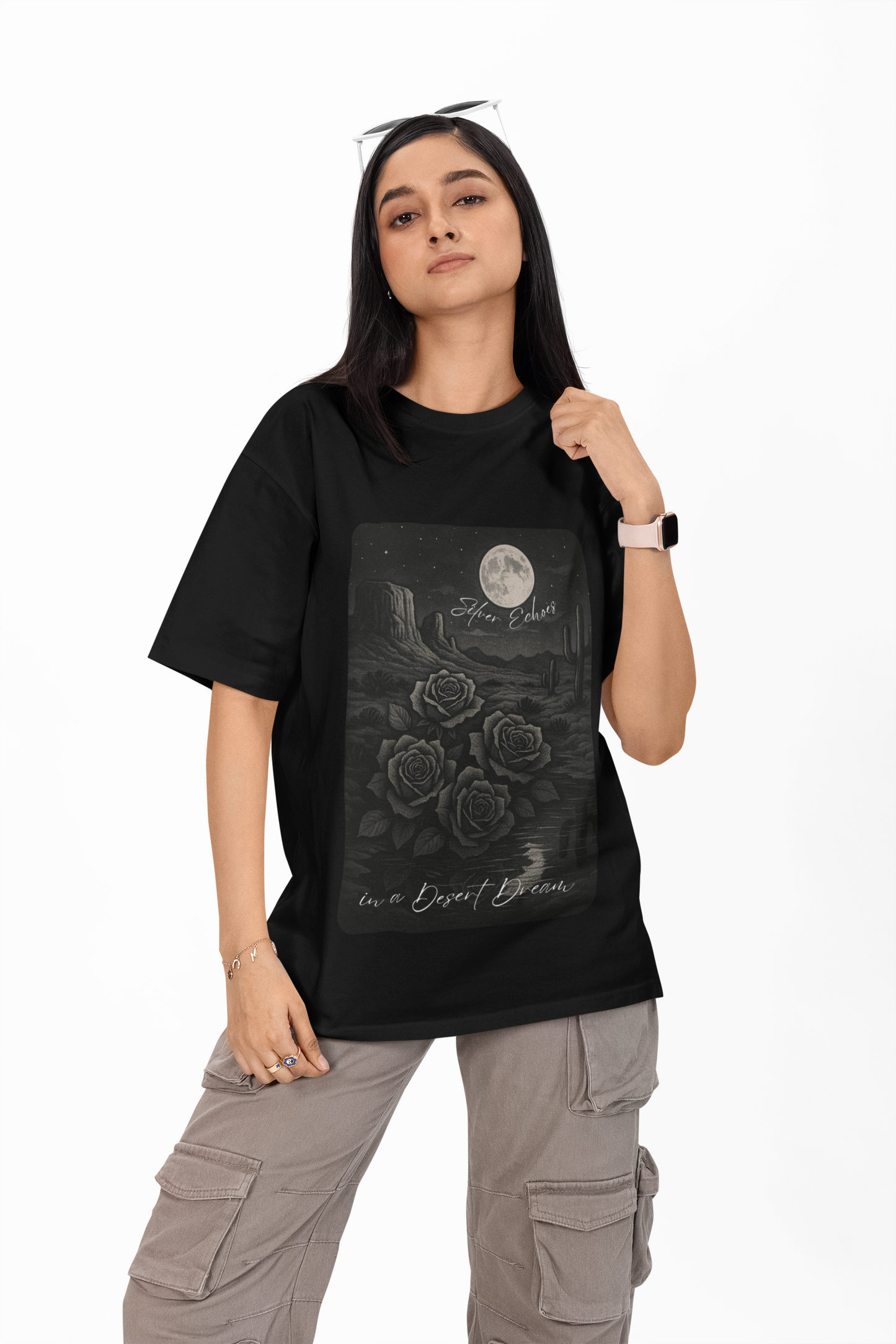 Heavy Oversized Moonlit Mirage T-Shirt – Silver Echoes in a Desert Dream
