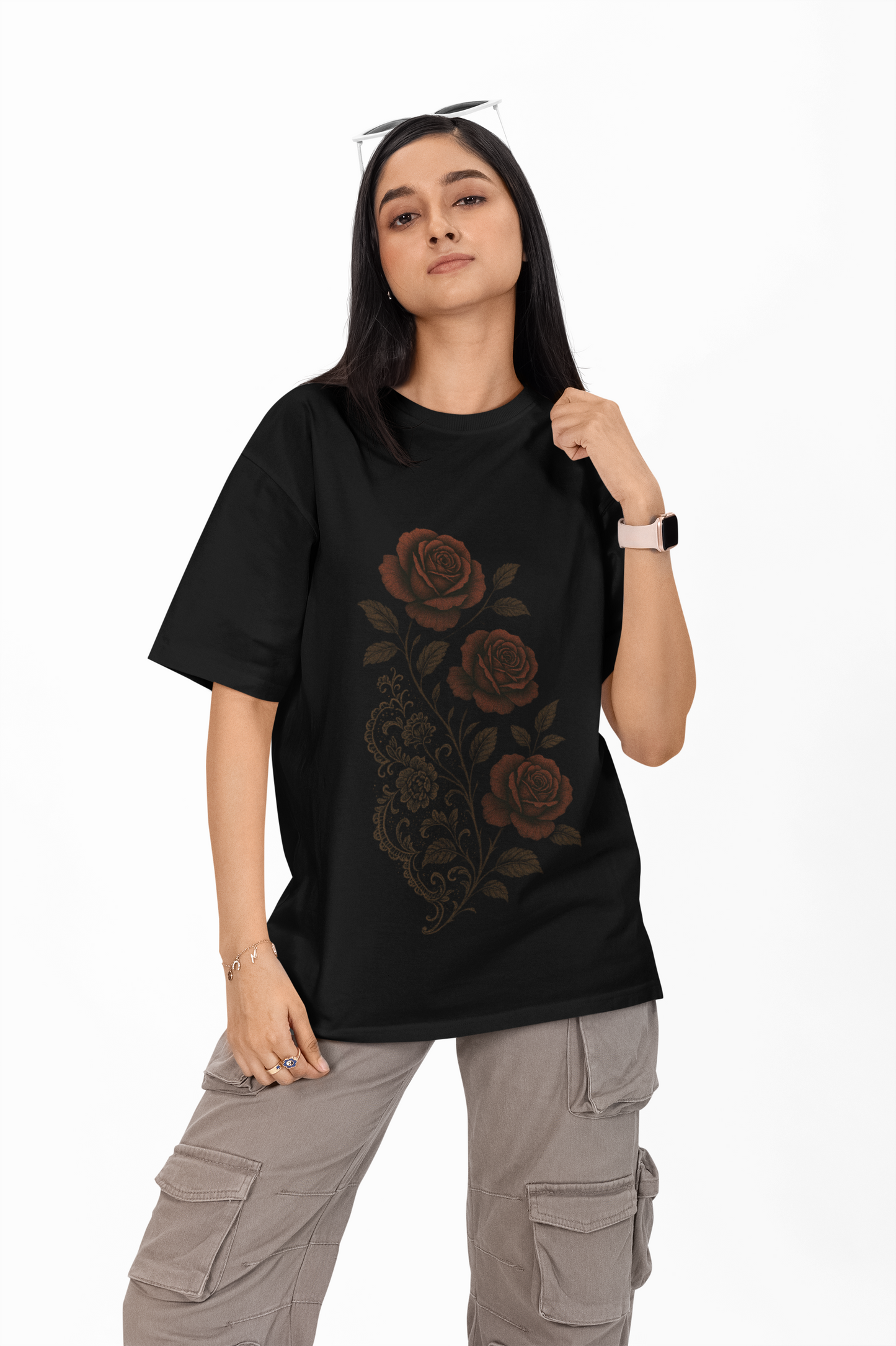 Oversized Whispered Petals T-Shirt – Lace & Noir Roses in Quiet Bloom