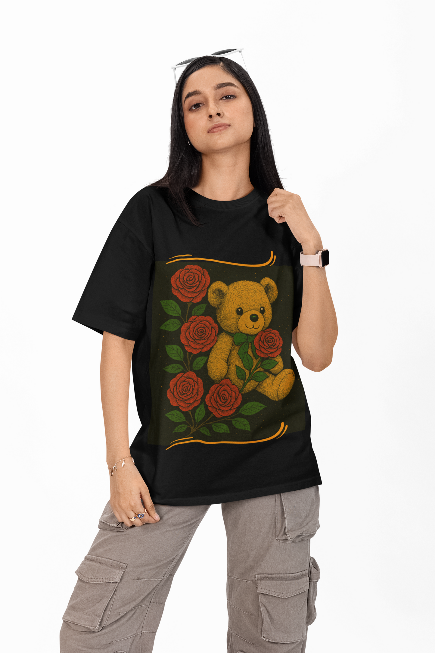 Oversized Noir Rose Teddy Bear T-Shirt – Soft Elegance & Timeless Comfort
