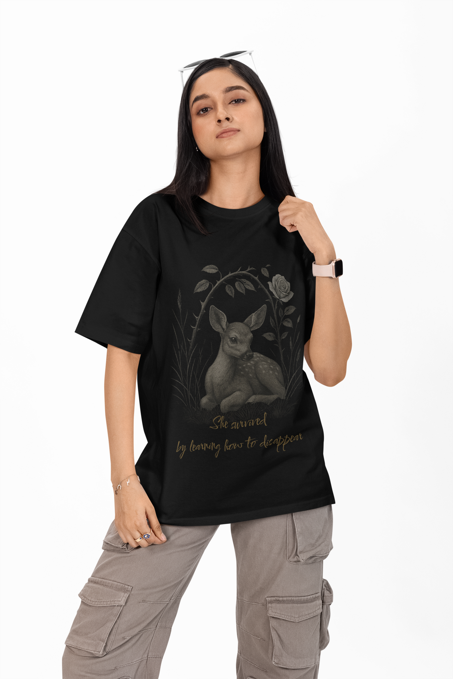 The Fawn Beneath Bramble – Illustrated Oversized Graphic Tee in Black