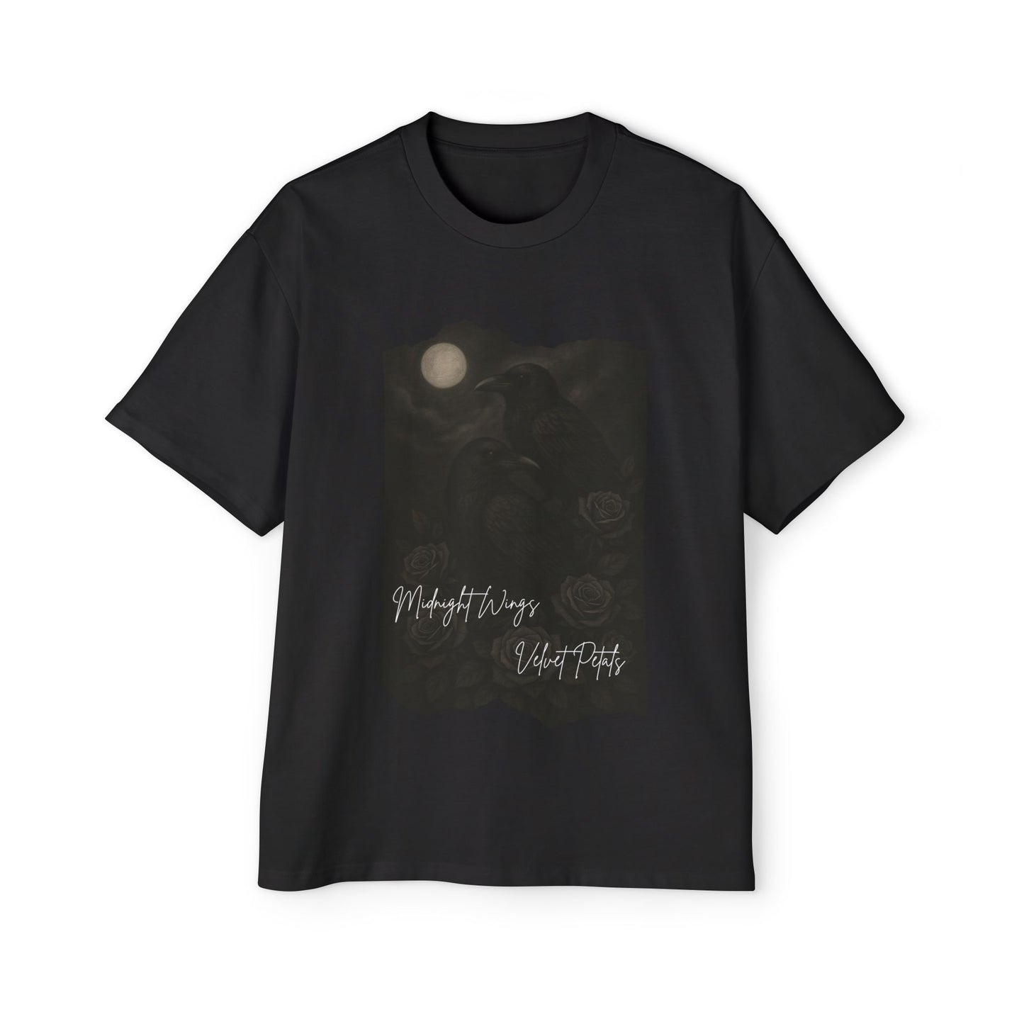 Heavy Oversized Raven & Rose T-Shirt – Midnight Wings & Velvet Petals