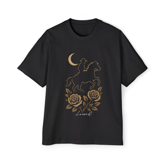 Lassoed Under Moonlight – Noir Rose Western Oversized Tee