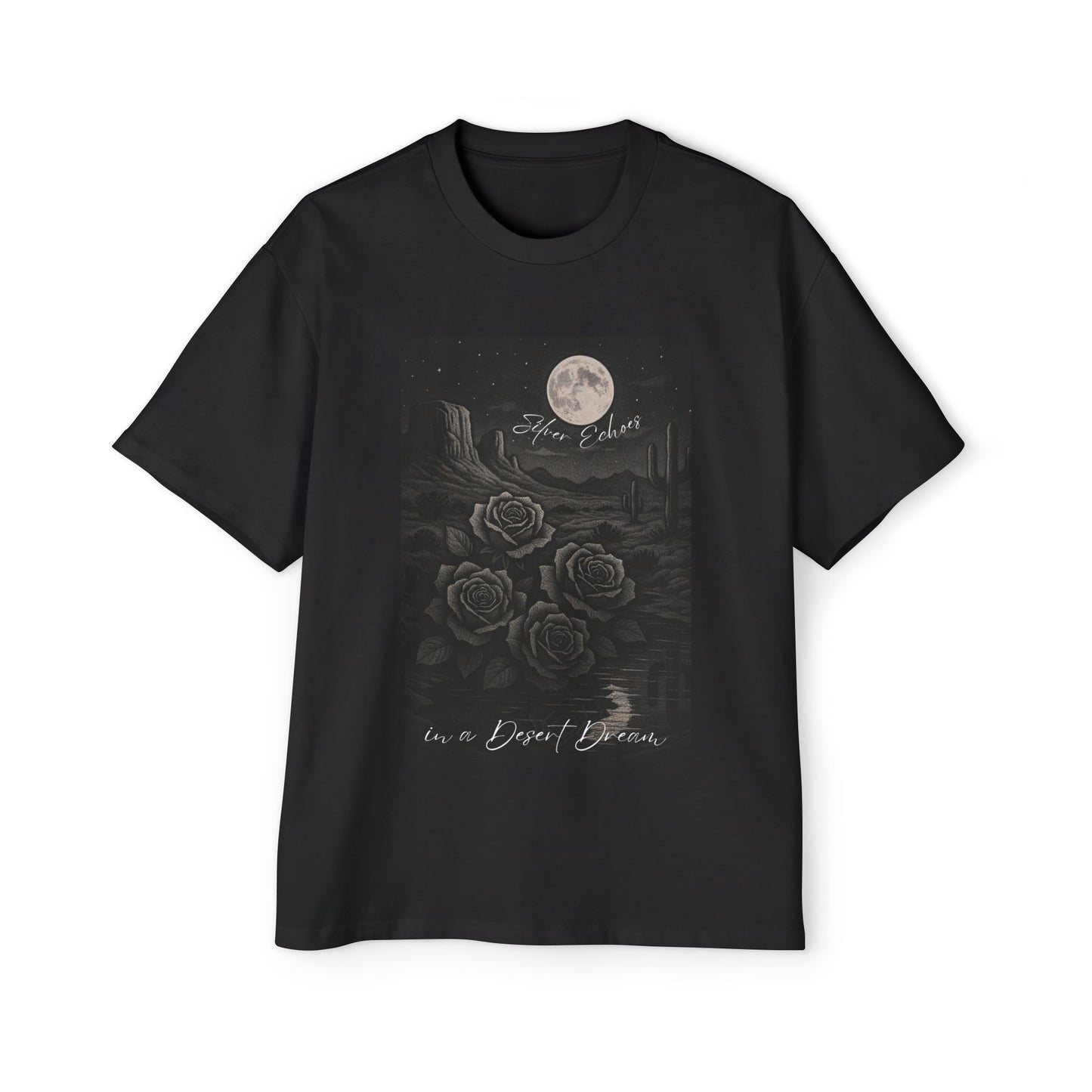 Heavy Oversized Moonlit Mirage T-Shirt – Silver Echoes in a Desert Dream